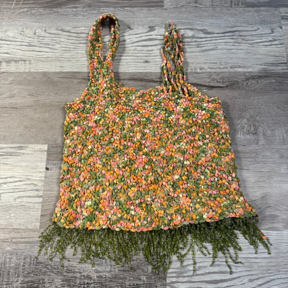 Vintage Y2K Novelty Knit Beaded Fringe Tank Top Fairycore Whimsigoth Boho XS/S